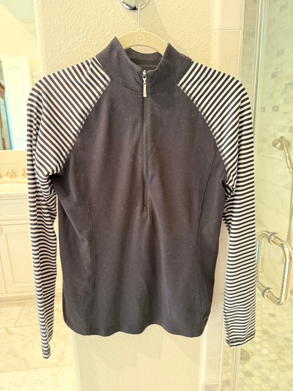 Jofit Black Half-Zip Pullover with Black & White Striped Sleeves